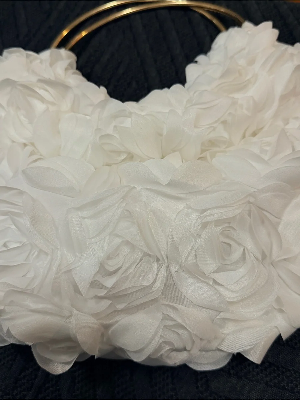 White Floral Accent Handbag with Gold Ring Handles